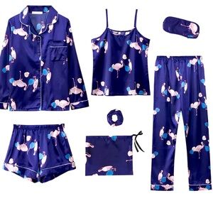 6 piece satin silk pajama set flamingo